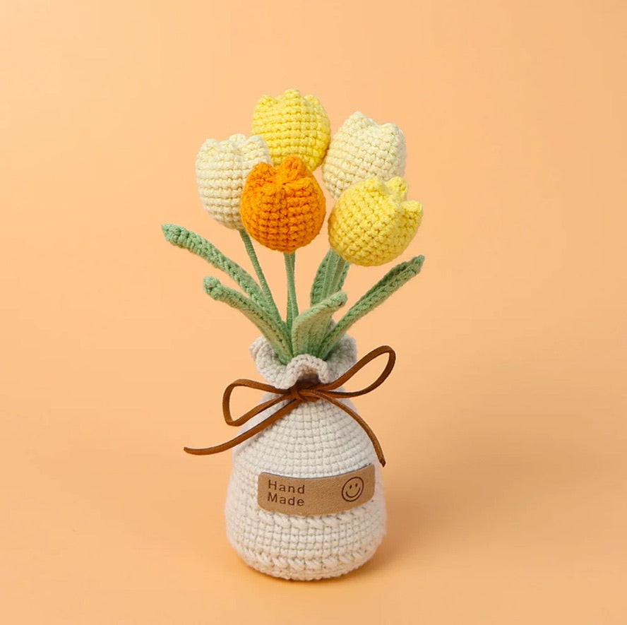 A-Crochet Flowers in the Pot, Home Decor, Crochet Tulip Decoration, Crochet Flower Decor, Personalized Potted Plant, Knitted Plant Gift