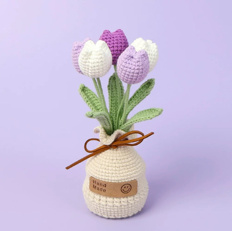 A-Crochet Flowers in the Pot, Home Decor, Crochet Tulip Decoration, Crochet Flower Decor, Personalized Potted Plant, Knitted Plant Gift