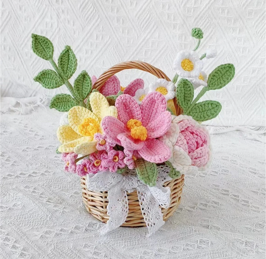 Crochet Flower Basket, Set of 12, Tulips, Handmade Gift for Girl Friend, Personalized Flower Basket, Home/Desk Decoration, Knitted Flowers