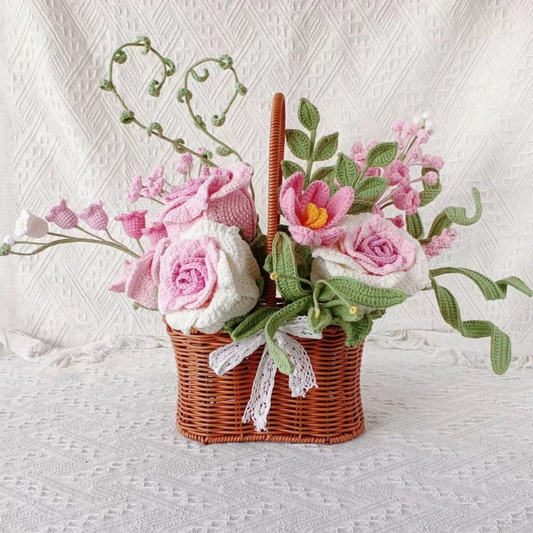 Crochet Flower Basket, Set of 16, Handmade Gift for Girl Friend, Personalized Flower Basket, Home/Desk Decoration, Knitted Flowers