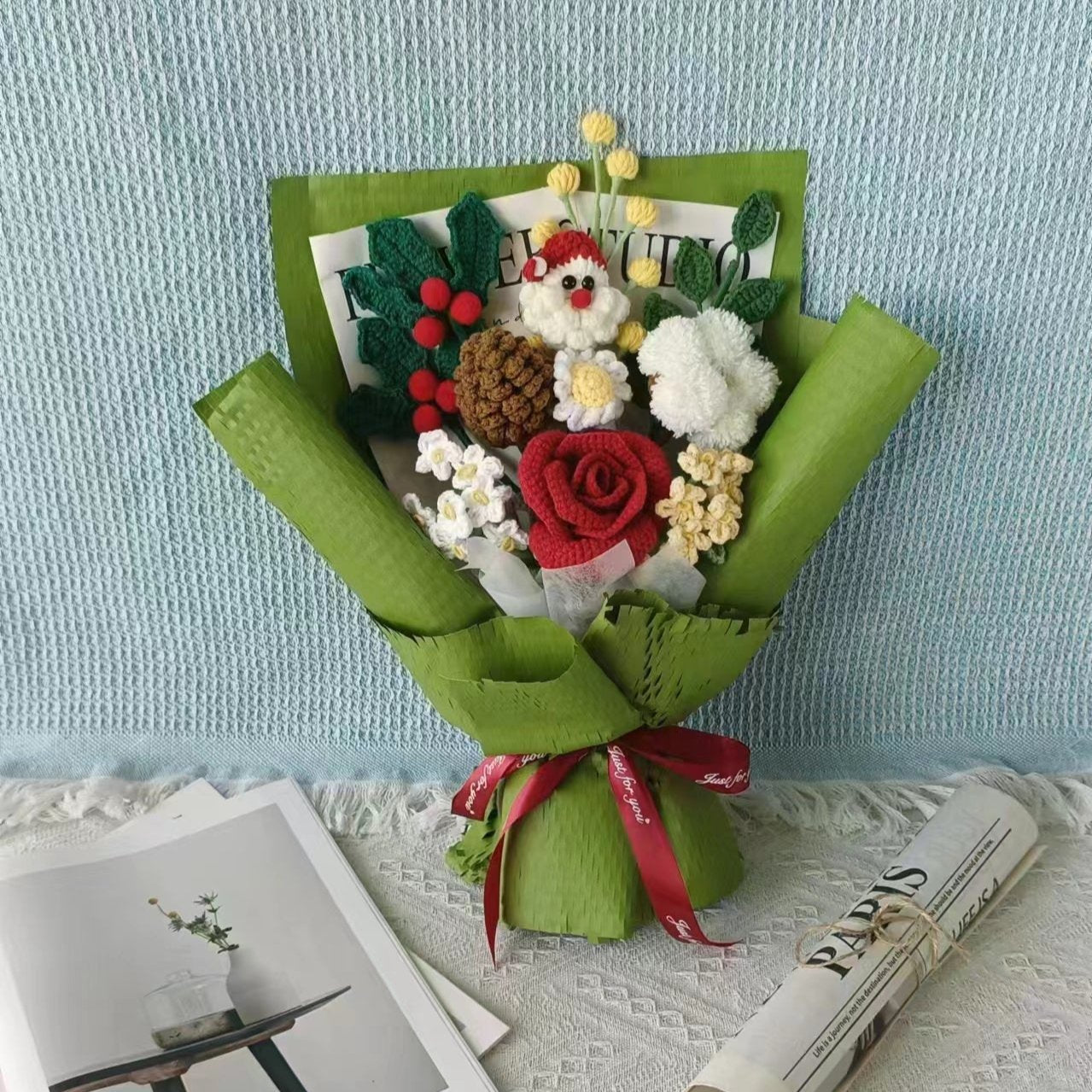 A-Crochet Flowers Bouquet Handmade, Finished Product Rose for Anniversary,Birthday, girlfriend mother forever christmas santa xmas love gift