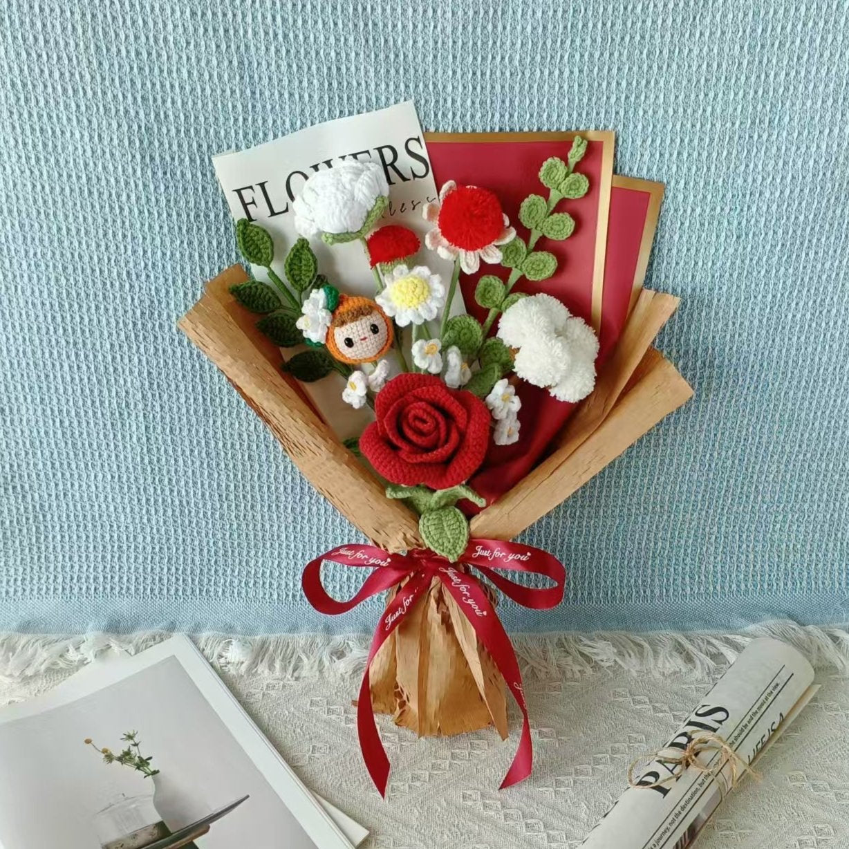 A-Crochet Flowers Bouquet Handmade, Finished Product Rose for Anniversary,Birthday, girlfriend mother forever christmas santa xmas love gift